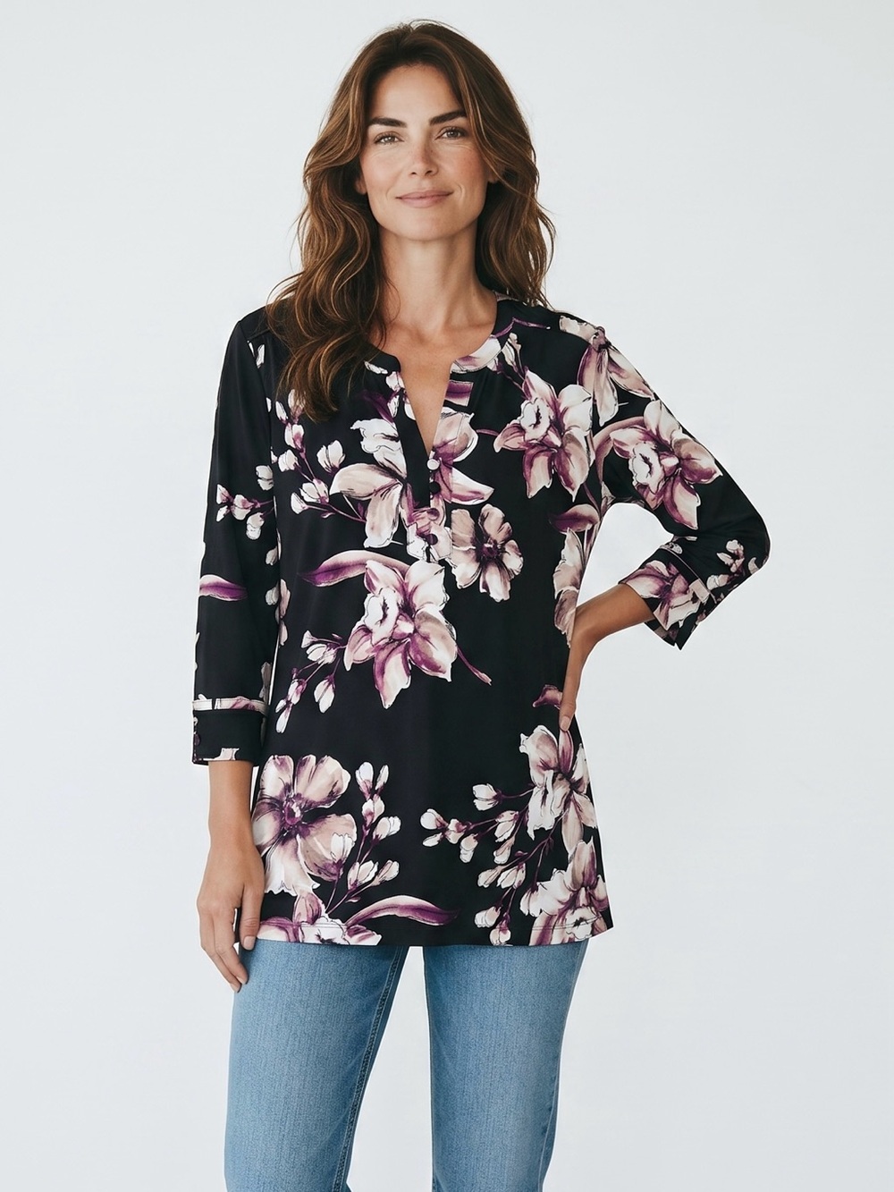 Karl Lagerfeld Black Floral 3/4 Sleeve Blouse Tunic Size M
